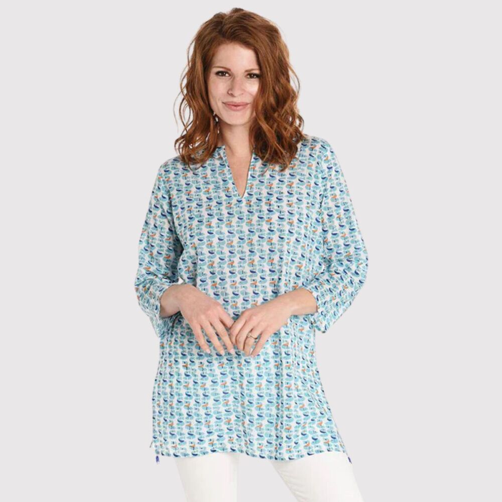 Roller Rabbit Womens Top Blue Sardina Kurta Tunic V Neck 3/4 Sleeve Blouse XS